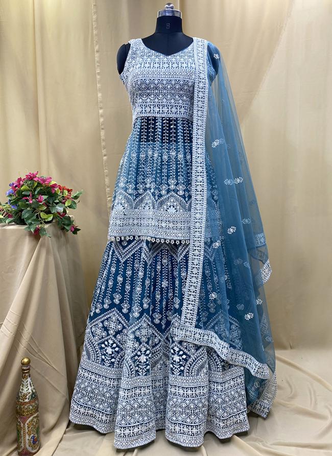 Georgette Turquoise Wedding Wear Lucknowi Work Ready To Wear Lehenga Choli